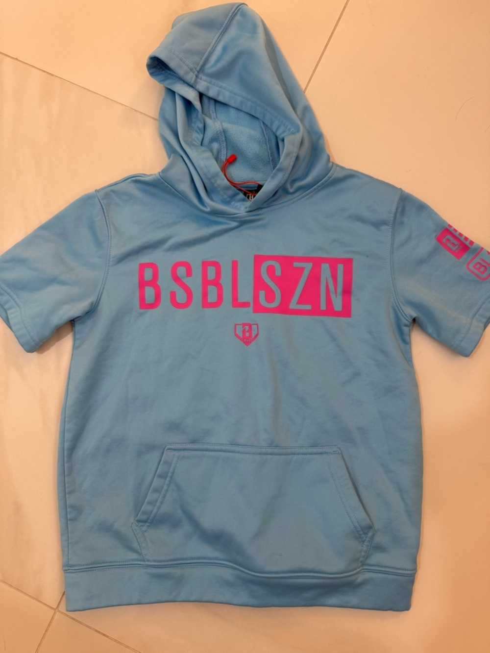 BSBL SZN Kids Light Blue Hooded Tee with Pink Logo